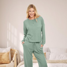 Alexander Del Rossa Women's Ribbed Waffle Knit Henley Pajamas Set Loungewear Shirt Pants with Pockets and Drawstring Sage 2X (A0882SGE2X)