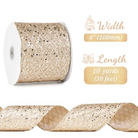 LIZLOVESS Champagne Christmas Ribbon 4" Glitter Mesh Wired Ribbon for Christmas Tree Champagne Gold Diamond Honeycomb Ribbon for Gift Wrapping, Crafts, Wreath, Garland, Tree Topper Bows - 10 Yards