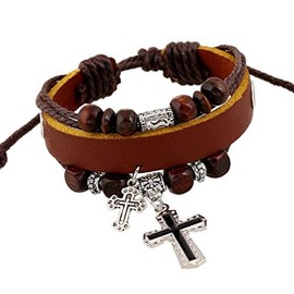 FineryGal Cross Layered Bracelets with Beads God Cross Charm Stackable Boho Wrap for Women Men Brown Wristband