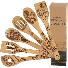 Bejky 6-Pcs Wooden Bamboo Spoons Set - Organic Food Cooking Utensils - Kitchen Accessories and Home Decor - Cookware Gifts for Women - Easy Wash Spatulas - 3D Engraved Patterns (Beauty Fairy Tale)