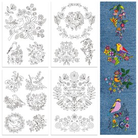 peacoblue Water Soluble Embroidery Patterns for Beginners 4 Sheets Bird and Flower with 14pcs Patterns, Wash Away Stick and Stitch Dissolvable Embroidery Paper for Hand Sewing Lovers Women Adult