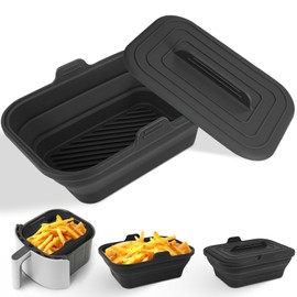 Silicone Air Fryer Liners Collapsible, 8.2 Inch Reusable Air Fryer Liners With lid-Long-lasting Freshness - Easy to Clean Air Fryers Pot for 5.8 to 8 Qt Baking Tray Oven Accessories, Black