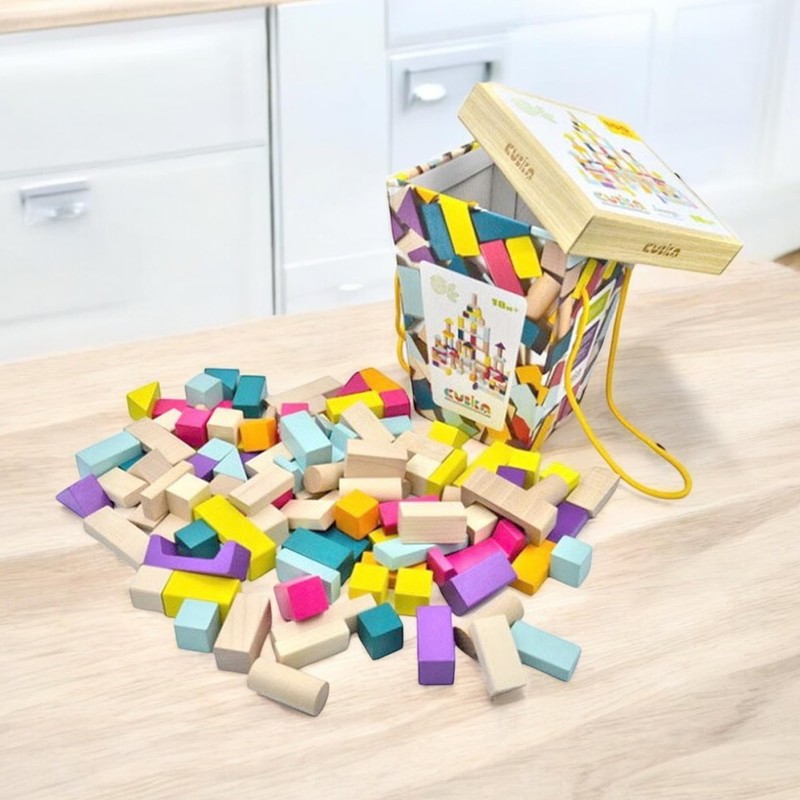 Cubika 100 Piece Wooden Blocks Construction Kit– Montessori-Inspired Stacking Toy