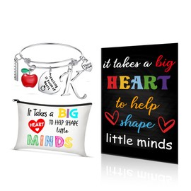 Kenning 3 Pcs Christmas Teacher Appreciation Gift Set, Teacher Inspirational Notebook with Quote, Teacher Makeup Bag with Zipper and Teacher Bracelet with Initial for Women College Gift(Letter K)