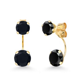 Gem Stone King 14K Yellow Gold Black Onyx Dual Drop 2 Stone Round Earrings for Women (2.55 Cttw, Gemstone Birthstone, Round 6MM and 5MM)