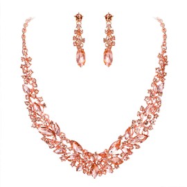 BriLove Wedding Bridal Jewelry Set for Women Rhinestone Crystal Marquise Cluster Collar Necklace Dangle Earrings Peach Morganite Color Rose-Gold-Toned
