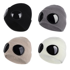 Fashionable Knit Hat for Men Women Warm Cap Autumn Winter Hat with Windproof Goggles Unisex Hat Knitted Cap Creative Hat Ear Protection Hat Winter Supplies for Outdoor (Black)