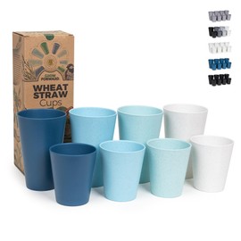 Grow Forward Premium Wheat Straw Cups - Set of 8 Unbreakable BPA Free Reusable Hard Plastic 13 & 20 oz Drinking Glasses for Water, Camping, RV - Tumblers for Kitchen - Ocean
