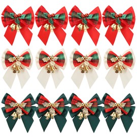 Lucleag 12Pcs Christmas Wreath Bow, Mini Christmas Bow for Wreath Christmas Tree Gift Box Decoration, White Red Green Bell Bow Christmas Small Bow for Christmas Party Supplies Xmas Decoration