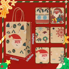 12 Pack Christmas Kraft Paper Bags(6x9 Inch) with Handle for Gift Goodie Treat Candy Snack Wrap Snowflake Santa Xmas Pouches Baggies Christmas Holiday New Year Party Favors Supplies Decorations