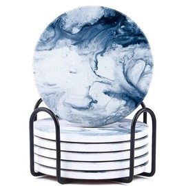 Set of 4 Ceramic Drink Coasters Blue White Marble Flow Pattern - Absorbent Cork Base - Heat Resistant - Non-Slip Grip - Housewarming Gift (Set of 4)