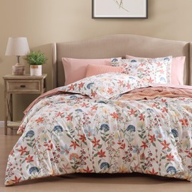 CASAAGUSTO Queen Comforter Set, 7 PCS Clay Pink Floral Comforter Set with Flowers Leaves Pattern, Soft Seersucker Design All Season Queen Size Bedding Set(90"X90")