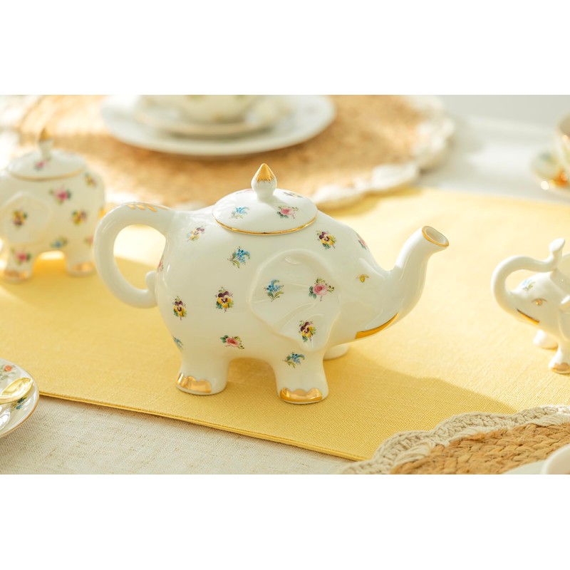 Grace Teaware Fine Porcelain Happy Elephant 28-Ounce Teapot (Floral Pansy)