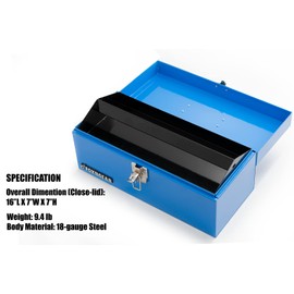 16" Portable Steel Heavy-duty Tool Box 18-Gauge with Metal Latch and Handle Blue