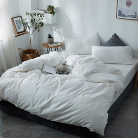 DONEUS White Duvet Cover Queen(90x90 Inch), 3 Pieces (1 Solid Pattern Duvet Cover, 2 Pillow Shams) Ultra Soft Washed Cotton Duvet Cover Set with Zipper Closure, Corner Ties for Men, Women