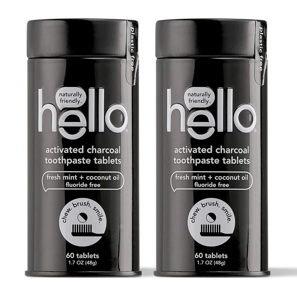 Hello Activated Charcoal Whitening Toothpaste Tablets Gently Remove Surface Stains, Delicious Farm Fresh Mint, Fluoride Free, 2 Plastic-Free, Travel-Friendly, & Reusable Metal Containers, 120 Tablets