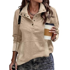 SHEWIN Womens Sweatshirt Casual Long Sleeve Lightweight Sweatshirts Loose Button V Neck Pullover Tops Fall Clothes for Women 2025,US 12-14(L),Khaki