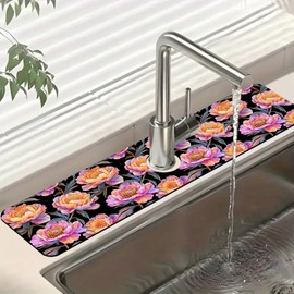 Colorful Peonies Sink Faucet Absorbing Mat Blooming Peonies Super Absorbent Fast Drying Mat Sink Gadgets Behind Faucet Sinkmat for Kitchen Bathroom, 23.5"x5.5"