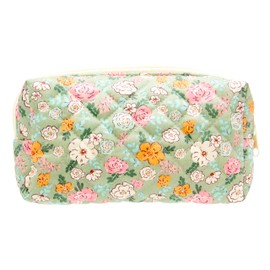 PAZIMIIK Vintage Quilted Makeup Bag Cosmetic Pouch for Brushes Pencils and Travel Make Up Accessories for Women and Girls Floral Green