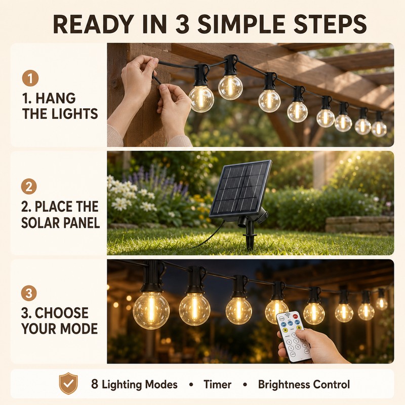 33ft Solar String Lights with 10H Auto On/Off Sensor, Warm