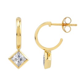Silvershake Square Shape White Cubic Zirconia 14K Yellow Gold Plated 925 Sterling Silver Fashion Geometric C Hoop Stud Post Earrings April Gemstone Birthstone Jewelry for Women, Sterling Silver 14K