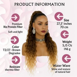 Long Wavy Hair Extension, 27.5" Drawstring Ponytail | Premium Synthetic Fiber, Bio Protein, Heat-Resistant, Soft & Lightweight, Human Hair Texture, Versatile Styling Options (Brown Degradee)