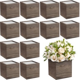 Suzile 12 Set 5 Inch Wooden Planter Box Square Wood Flower Box Rustic Cube Planter Box with Removable Foam Blocks Liner Square Vase for Centerpiece Craft Garden Home (Brown Wood)