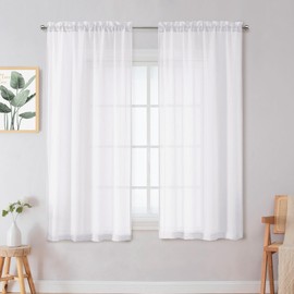 Chyhomenyc Crushed Sheer White Curtains 63 Inch Length 2 Panels, Light Filtering Solid Crinkle Voile Short Sheer Curtian for Bedroom Living Room, Each 42Wx63L Inches