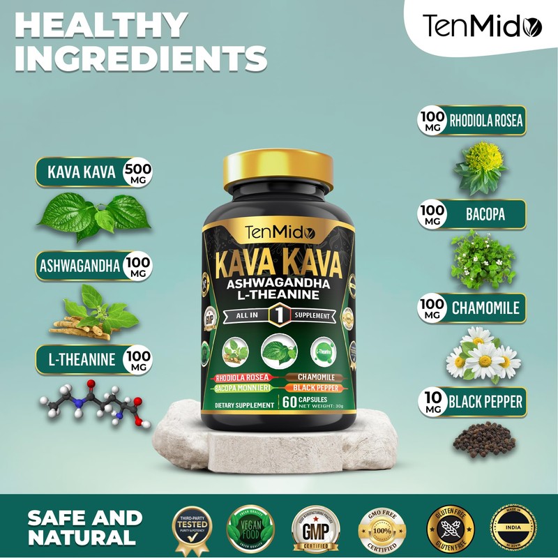 Kava Kava Supplement - 7in1 Blend with Ashwagandha, L-Theanine, Rhodiola,