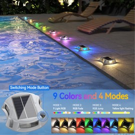 4Pack Solar Driveway Lights, Aluminum Alloy Solar Deck Light,IP68 Outdoor Waterproof Marine Dock Lights, Multi-Color LED Driveway Markers for Driveway Sidewalk Pathway[RGB/Fix-Color/Strobe]