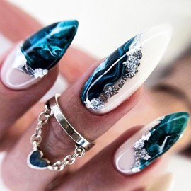 24Pcs Blue Black Ink Smudge Press on Nails with Marble Design, Glossy Silver Glitter False Nails Gel Glue on Nails, Sparkly Curve Line Medium Almond Manicure Art Acrylic Fake Nails Stick on Nails