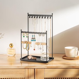 Josmimic 3 Tier Black Jewelry Stand, Necklace Organizer, Earring Holder with 44 Holes and 9 Hooks, for Necklaces, Bracelets, Rings