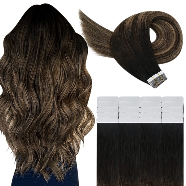 YoungSee Tape in Hair Extensions Human Hair Balayage 24 Inch Dark Brown Balayage Tape Extension Tape in Human Hair Extensions Ombre #1B/4/27 Black to Dark Brown with Caramel Blonde 20pcs 50g