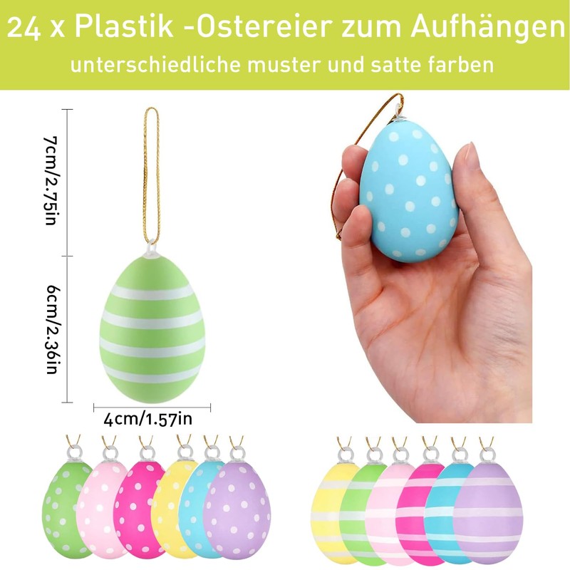 24 x Easter Eggs for Hanging, Colourful Plastic Eggs Easter,