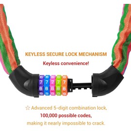 Sportneer Bicycle Lock Combination Lock with Numbers and High Security Level Chain Locks Bicycle 5-Digit Resettable Wheel Barrier with Chain Made of Hardened Steel