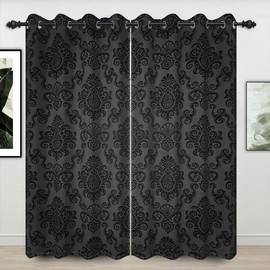 Umpoo Black Damask Floral Blackout Curtain Vintage Classic Flower Pattern Printed Drapes 52 x 96 Inches Window Curtain Set for Living Room Bedroom Kitchen Decor, 2 Panels Grommet Drapes