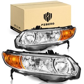 FEBERG [OE Style Anti-Yellowing for 2006-2011 Honda Civic 2-Door Coupe Headlights, Assembly Pair Headlamp for 06 2007 2008 2009 2010 11 Chrome Housing Amber Reflector Left+Right Side