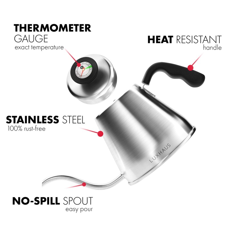LuxHaus Pour Over Kettle - Gooseneck Kettle With Thermometer -