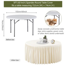 Wish Care 4 Packs 5FT Round Tablecloth 60 Inch, Ivory Stretchy Fitted Table Cloths, Wrinkle Resistant Polyester Table Cover with Pleated Ruffle Skirt for Party, Wedding and Banquet Decoration
