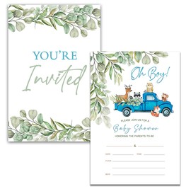 YIDOU Woodland Blue Truck Boy Baby Shower Party Invitations Greenery Woodland Animal Fill in Invites Cards 20 Invitations and Envelopes (Double Sided)