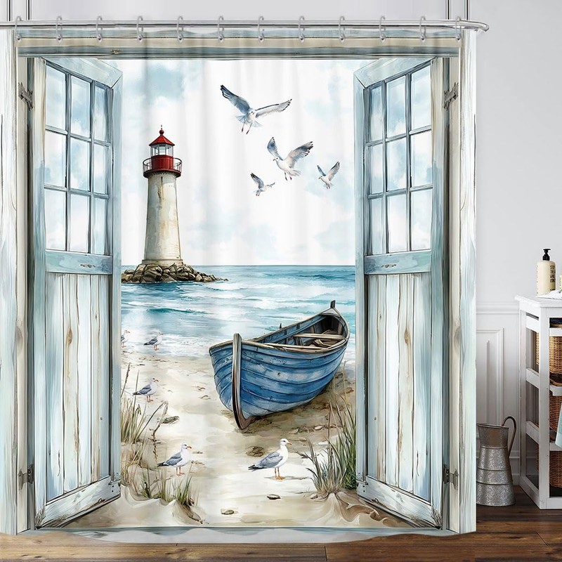 Coastal Beach Shower Curtain, Nautical Lighthouse Sailboat Ocean Seaside Seascape