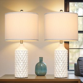 Ceramic Table Lamps Set of 2, White Modern Bedside 25" Nightstand Lamp 3-Way Dimmable Lamp for Bedroom Living Room Farmhouse, Side Table Lamp, Bulbs Included