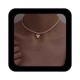 Cimenexe Bohemian Acrylic Butterfly Choker Necklace Silver Crystal Tennis Chain Necklace White Acrylic Butterfly Pendant Necklace Small Butterfly Cz Chain Necklace Jewelry for Women