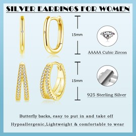 Estrellique 925 Sterling Silver Hoop Earrings with Cubic Zirconia, Hypoallergenic Small Sleeping Cartilage Huggie Earring, Hoop Earrings Silver 925 for Women, Gold Ear Jewellery Set with Present Box