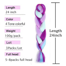 AFNOTE Colorful Braiding Hair Extensions 24 Inch 3 Packs Synthetic High Temperature Rainbow Jumbo Braids Hair 4 Tone Crochet Colored Hair Extension for Braiding(Purple/Light Purple/Blue/Light Cyan)
