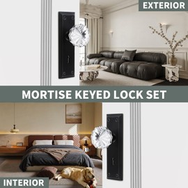 ToPToToo Mortise Lock Set Interior Door, Crystal Glass Door Knobs with Lock and Skeleton Key, Old Door Knob Replacement, Vintage Antique Door Handle, Matte Black Finish