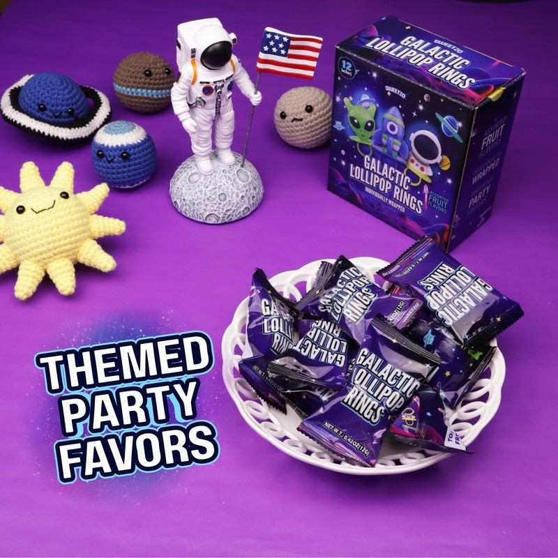 Outer Space Party Favors, Individually Wrapped Galactic Lollipop Rings, Rocketship,