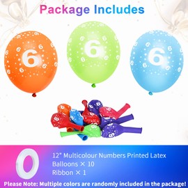 SUSNUAN 6th Birthday Balloons, 12'' Multicoloured Numbers Printed Latex Age Balloons, Birthday Digit Balloons 6 Girls Boys 6 Year Old Birthday Decorations, 6th Anniversary Party Supplies