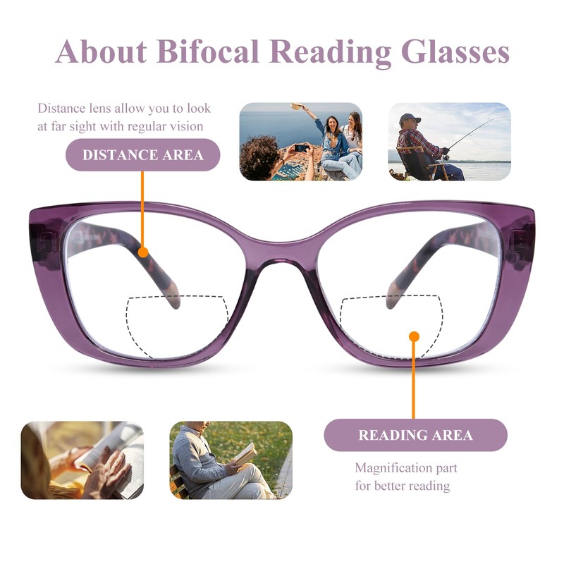 FONHCOO Bifocal Reading Glasses for Women, Blue Light Clear Top