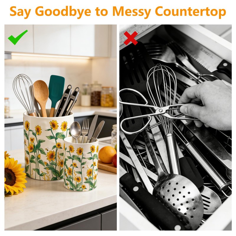 Sunflower Utensil Holder, 7.1"+5.4" Ceramic Utensil Holder for Kitchen Counter,
